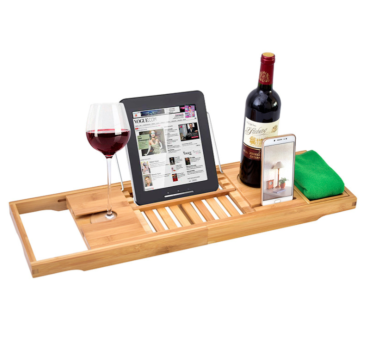 Creative Bamboo Bathtub Tray with Extending Sides Reading Rack Tablet Holder Cellphone Tray and Wine Glass Holder